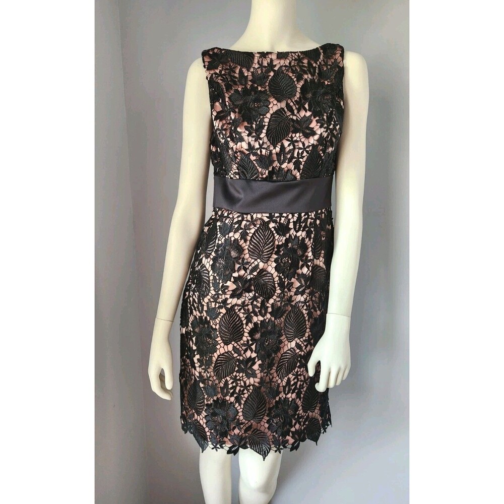 JS‎ COLLECTIONS Dress Size 6 Black Pink Sheath Floral Lace Satin Cocktail Party